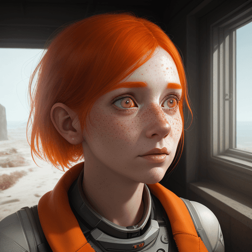 AI generated: a woman with freckles looks out into the world, in the style of vray, white and orange, warmcore, ph...
