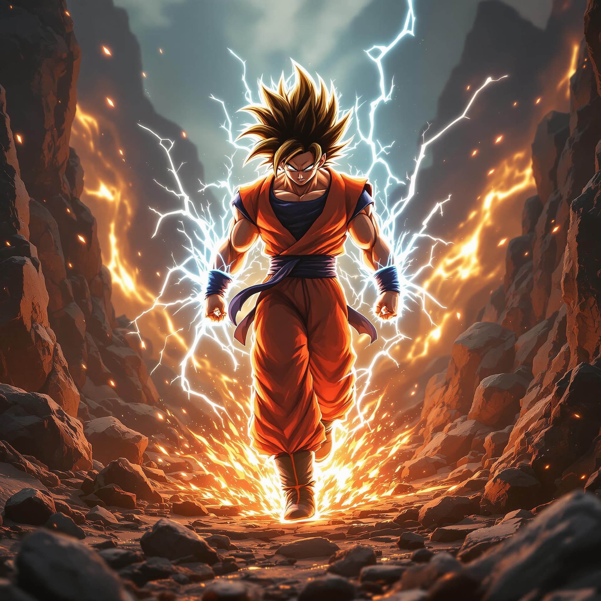AI generated: PHOTOrealistic anime super saiyan 4 walking forward as the ground is erupting and rocks are flying a...