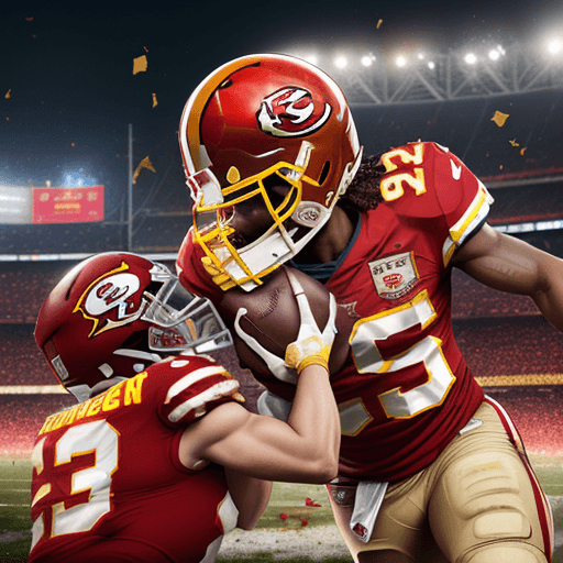 AI generated: A powerful collision of football team helmets, Kansas City Chiefs, iconic Red white and yellow and T...