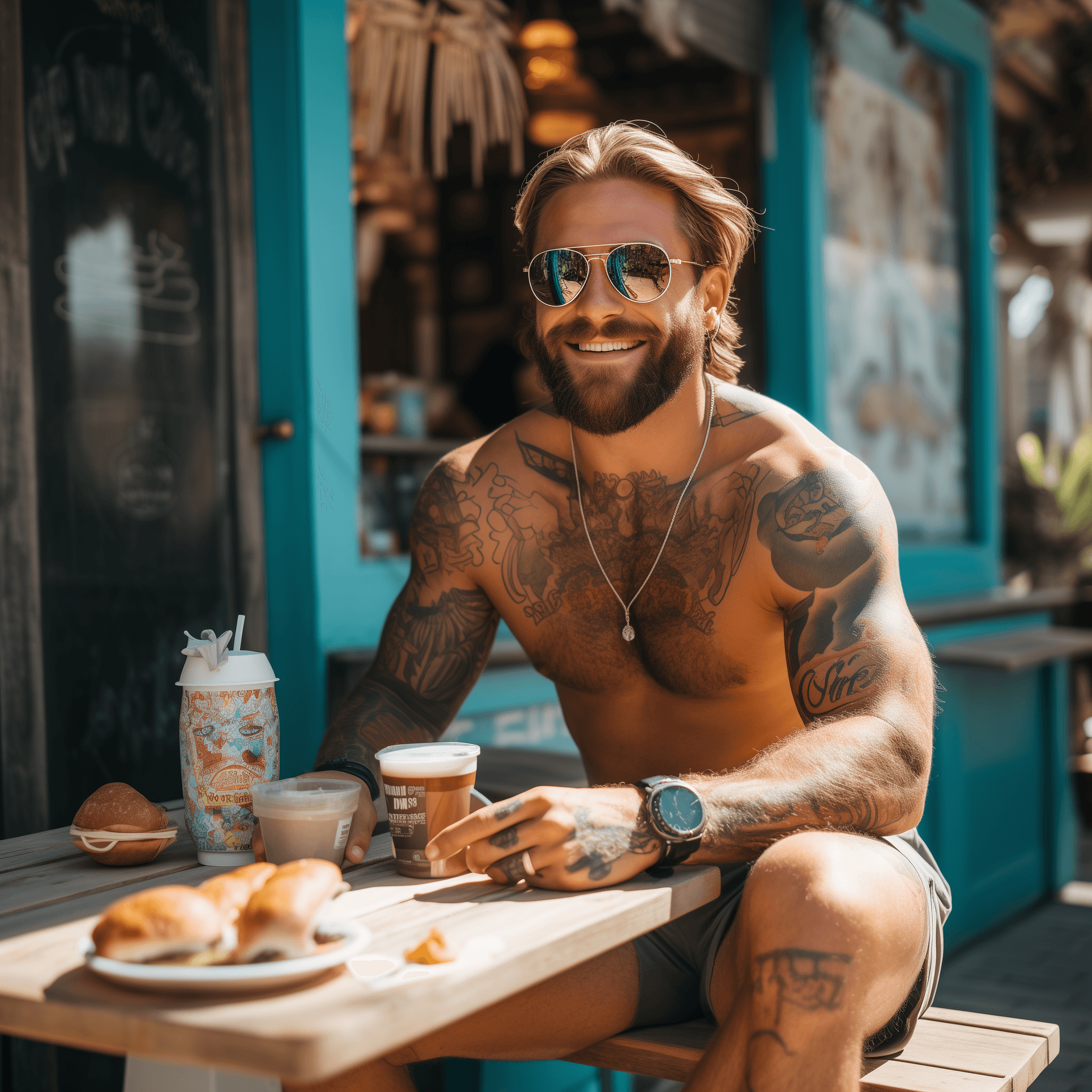 AI generated: A handsome man in his thirties, wearing pastel rainbow shorts and blue flip flops, fit, abs, sitting...