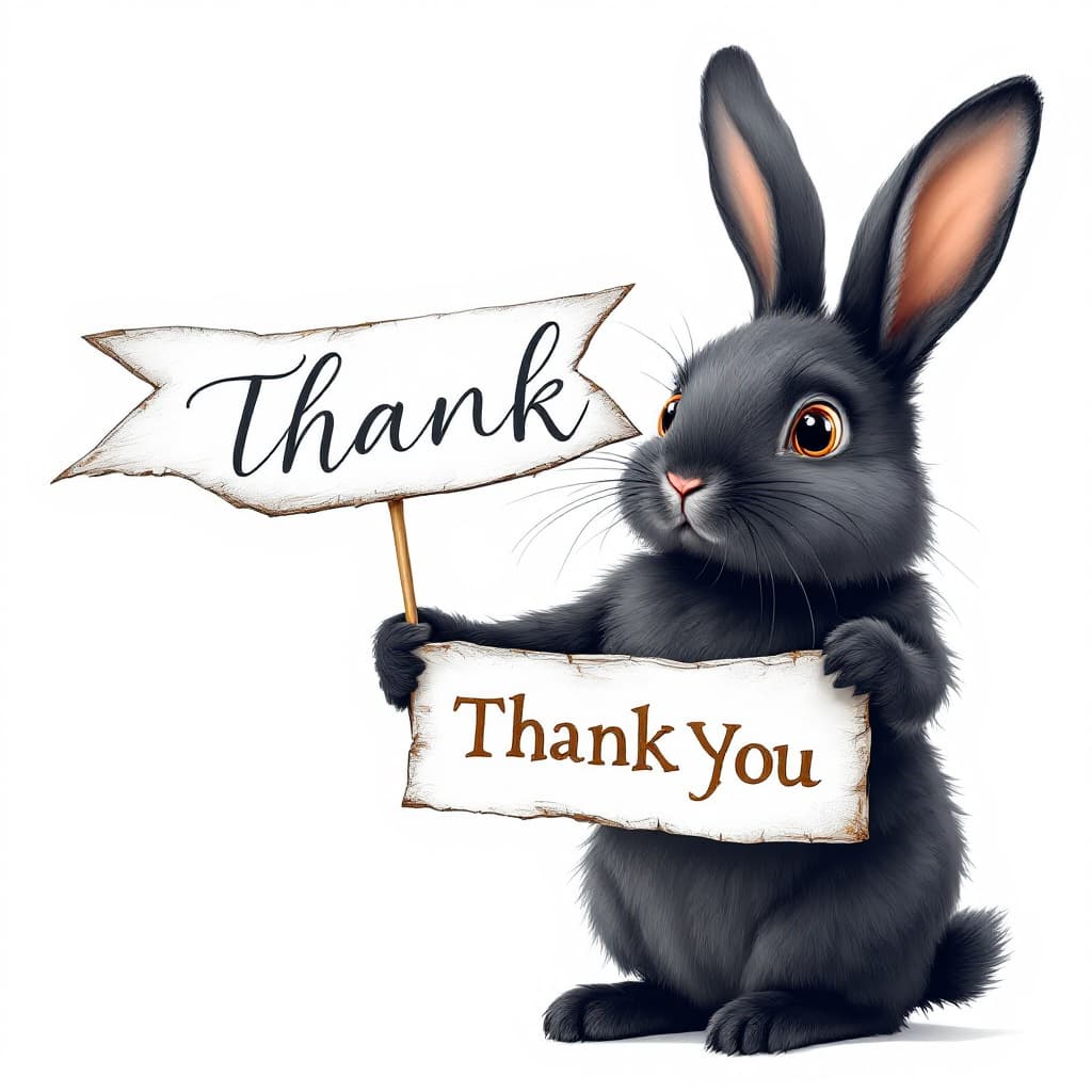 AI generated: highly detailed image of a black rabbit holding a 'Thank You' banner isolated on a white background