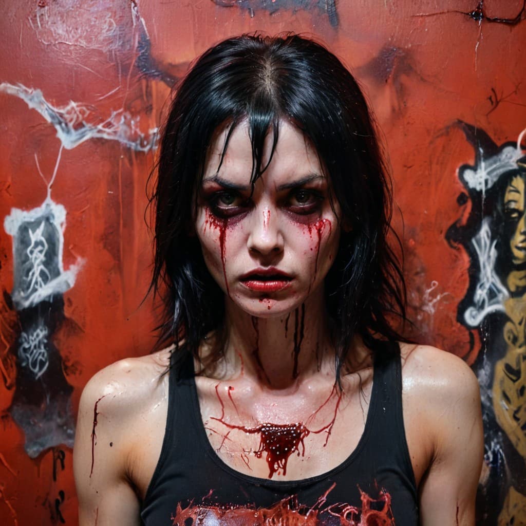 AI generated: half body, An eerie close-up shot of a decomposing woman with straight black hair looking at the cam...
