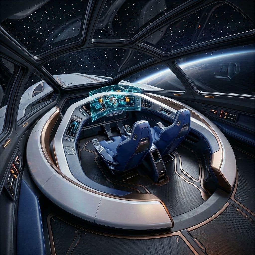 AI generated: Use the Reference Images to imagine, in detail, a Spacecraft 'C-shaped' Bridge design. Show Change i...