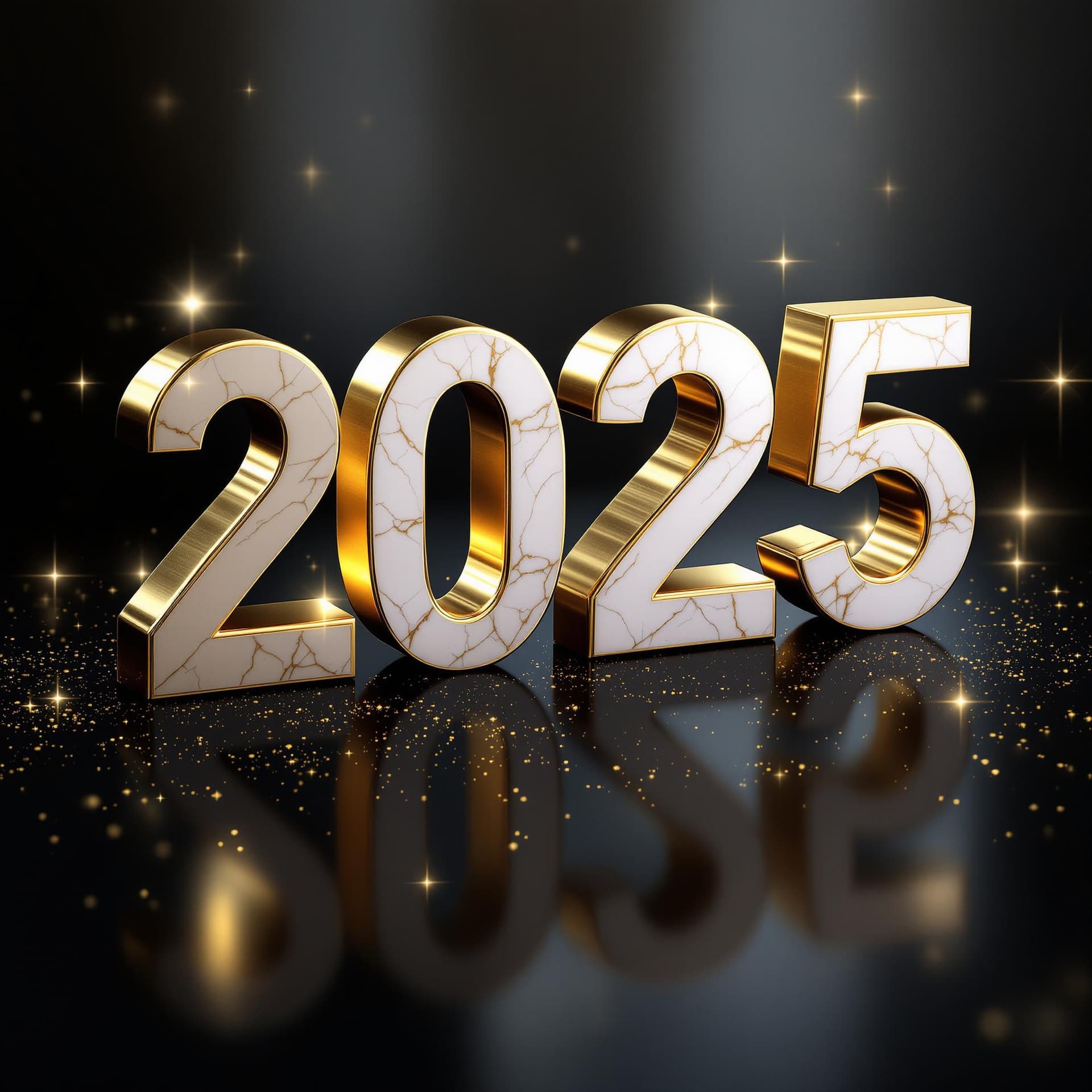 AI generated: A sleek, minimalist composition with the numbers '2025' crafted from polished gold and white marble,...