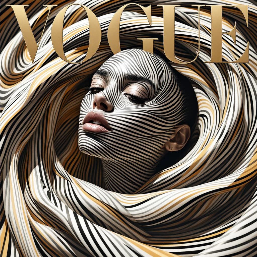 AI generated: VOGUE magazine cover featuring a mesmerizing woman wrapped in a swirling vortex of stripes. The line...