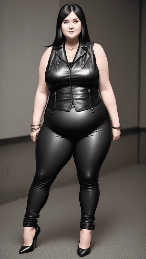 AI generated: 30 year old chubby woman, biceps, long black hair, wears sleeveless biker vest, wears leather pants,...