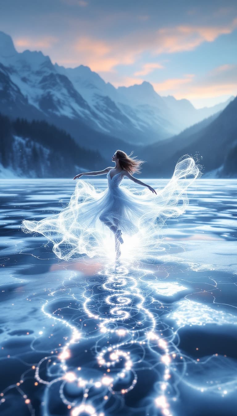 AI generated: 21. A breathtaking, full-body scene of a woman dancing on a frozen lake, with the ice transforming b...