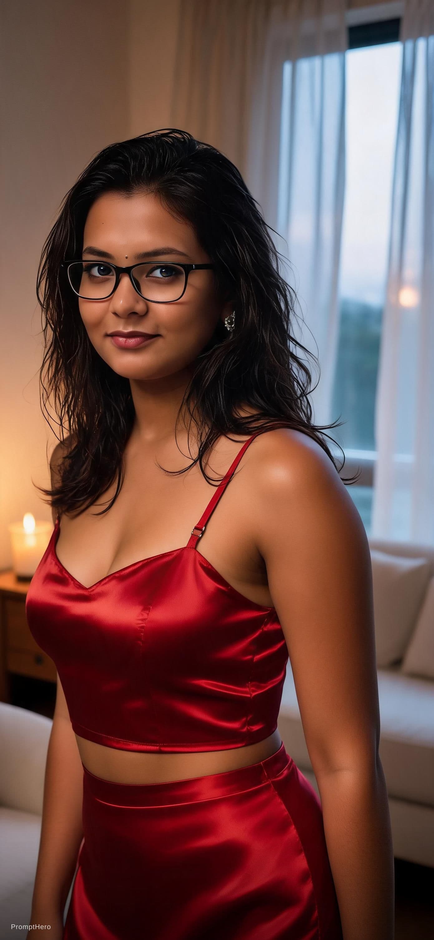 AI generated: A highly detailed, photorealistic portrait of a fit woman relaxing on a bed in a softly lit bedroom ...