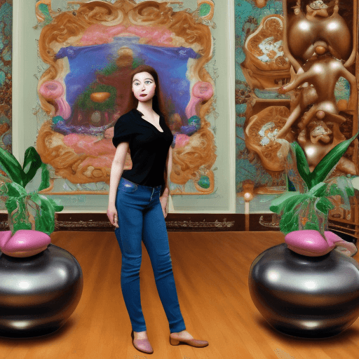 AI generated: a woman in a black shirt and jeans posing for a picture, inspired by Fernando Botero, tumblr, toyism...