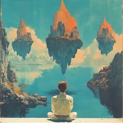 AI generated video: A man its on a cliff watching Islands float by in the sky, his hair moves in the wind