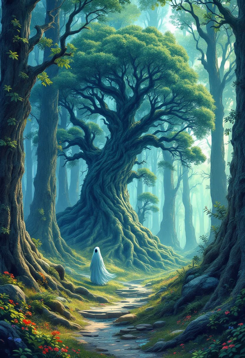 AI generated: an image of a forest with a tree and a wraith in the middle, in the style of visionary otherworldly,...