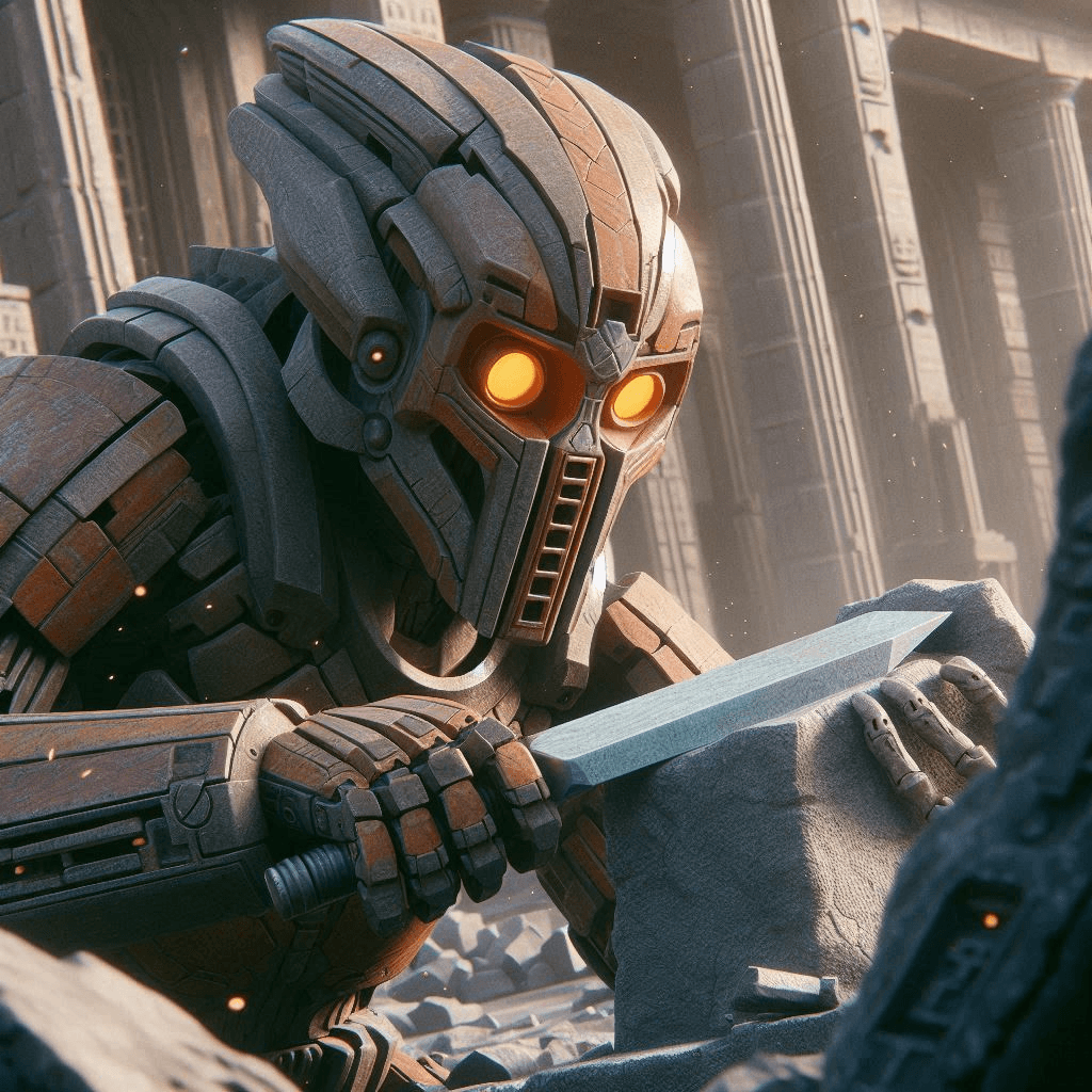 AI generated: Close-up Star Wars 4K cinematic CGI rendering of an ancient brown Bionicle Matoran of Stone with ora...