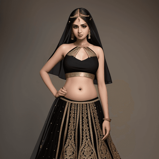 AI generated: A dress in lehenga style like Jasmine princess. The top is a black halter neck with golden designs, ...
