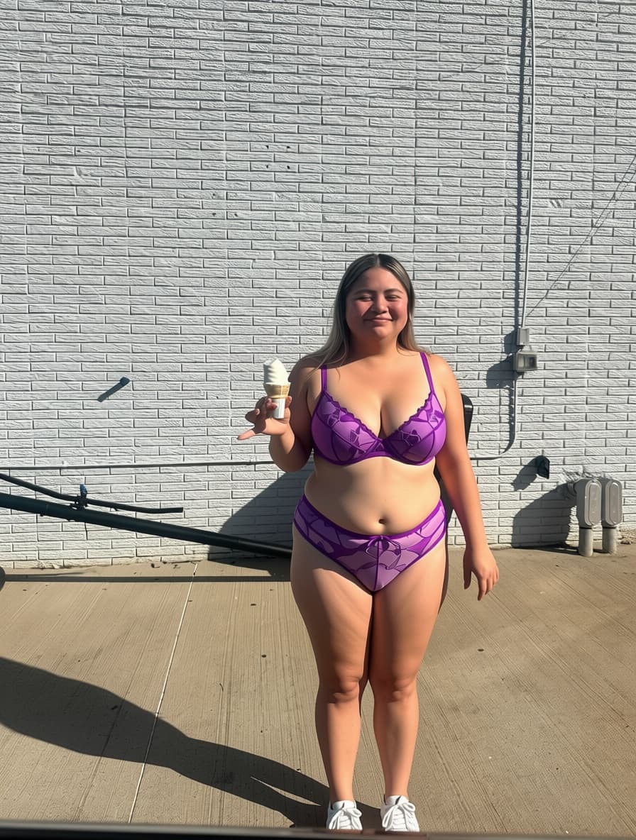 AI generated: Can you give her a tiny purple victoria secret lingerie set and make her upper chest bigger