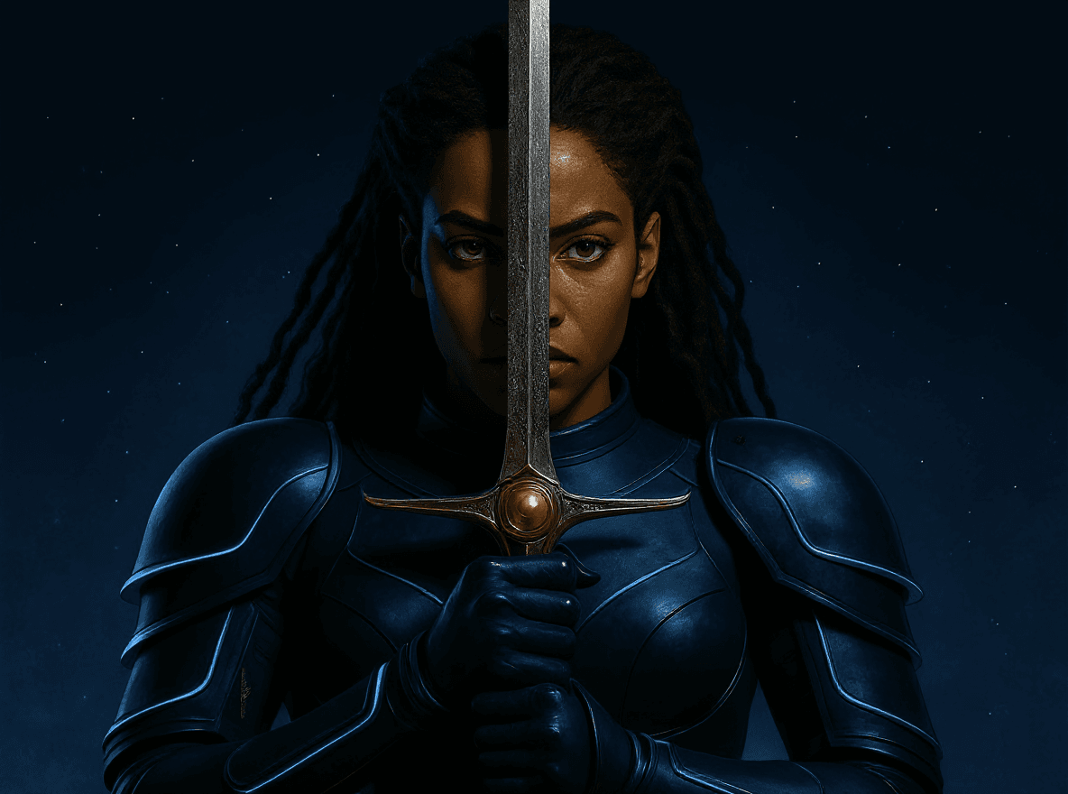 AI generated: Redo this image in its same style but make the the blade of the sword look similar in texture as the...