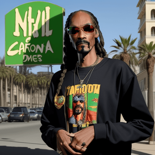 AI generated: snoop dogg qui fûmme de la weed devant un panneau sur le quel il est écrit california
