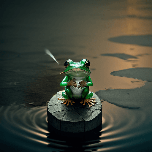 AI generated: Standing frog holding cigarette in the lake light from the moon night raining CANON EOS R6 Top view ...