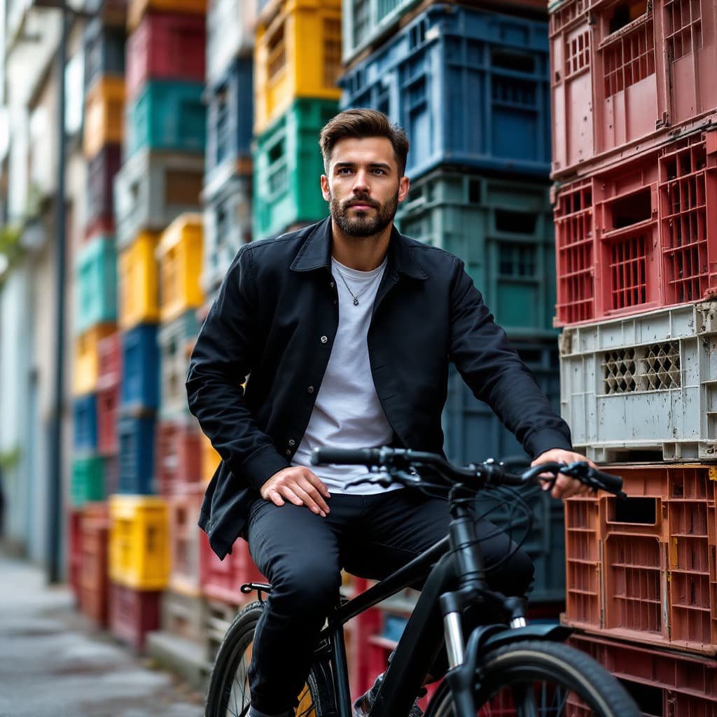 AI generated: contemporary street scene, professional man model with a colorful backdrop of stacked crate, street ...