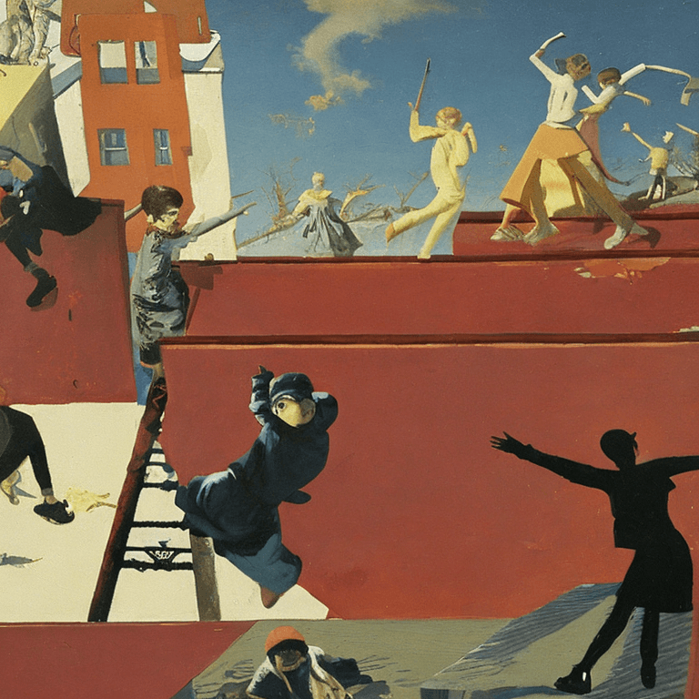 AI generated: children playing on rooftop, neo rauch, painting with incomparable reality, intricate details