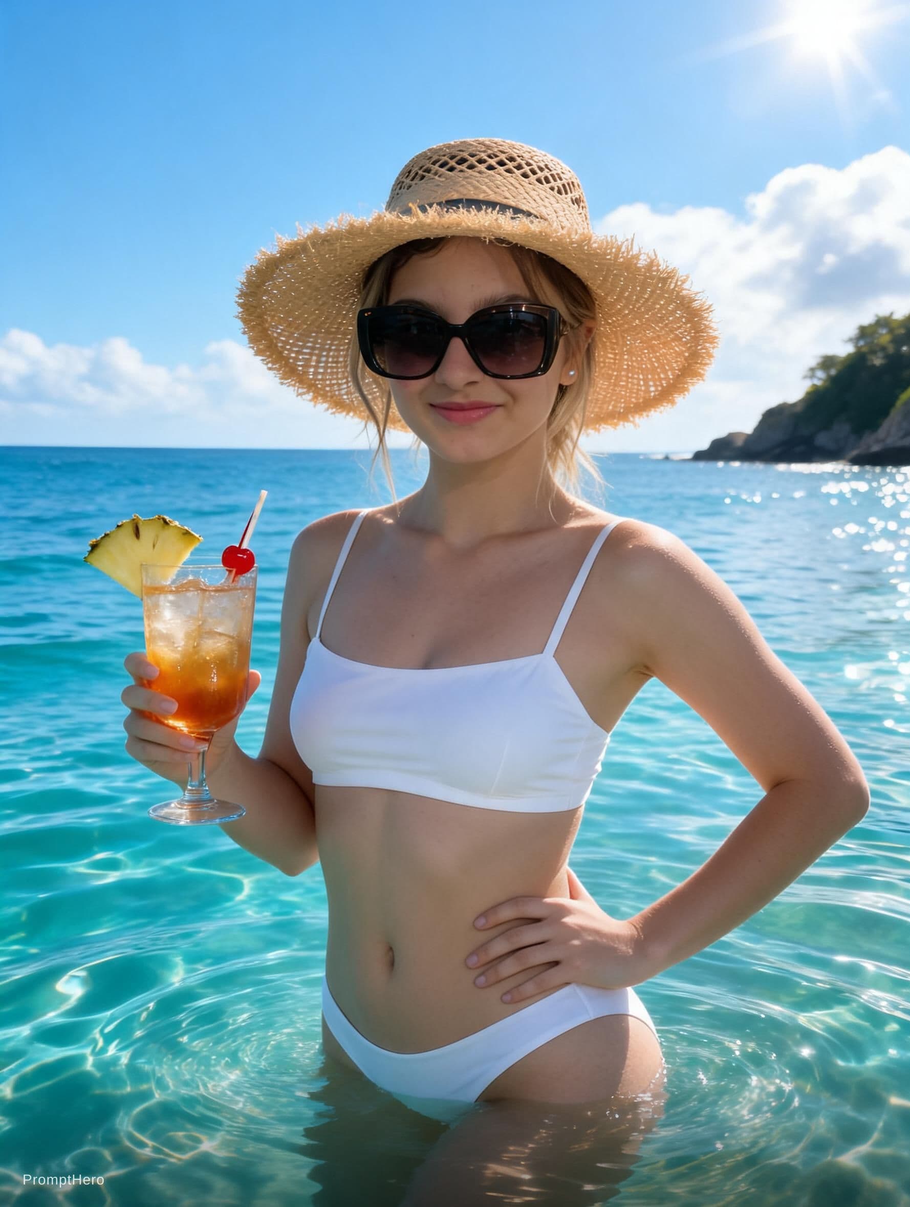 AI generated: A photorealistic, cinematic portrait of a woman standing waist-deep in crystal-clear turquoise water...