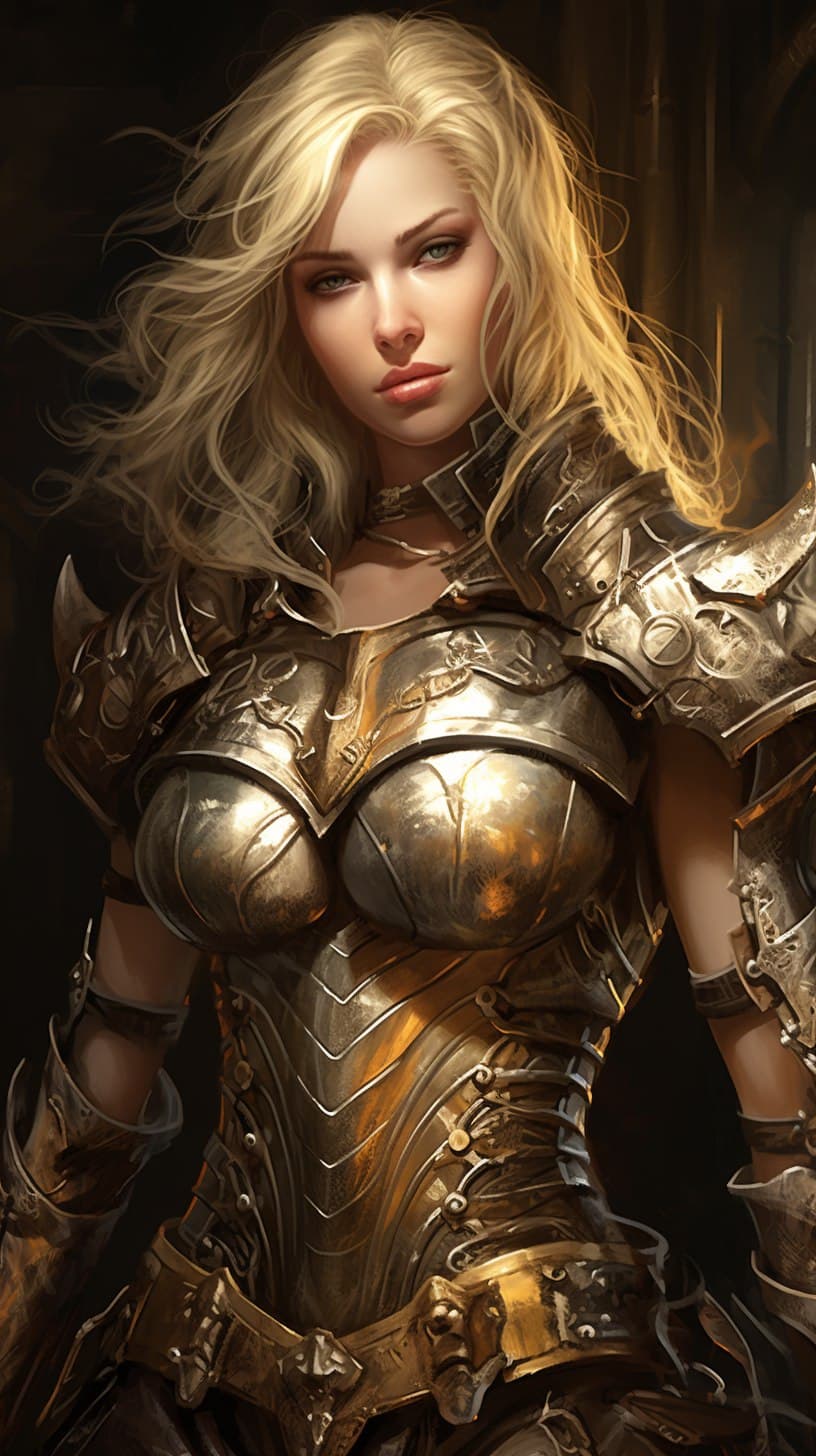 AI generated: Artistic Image Types: A digital illustration featuring a captivating woman adorned in alluring armor...