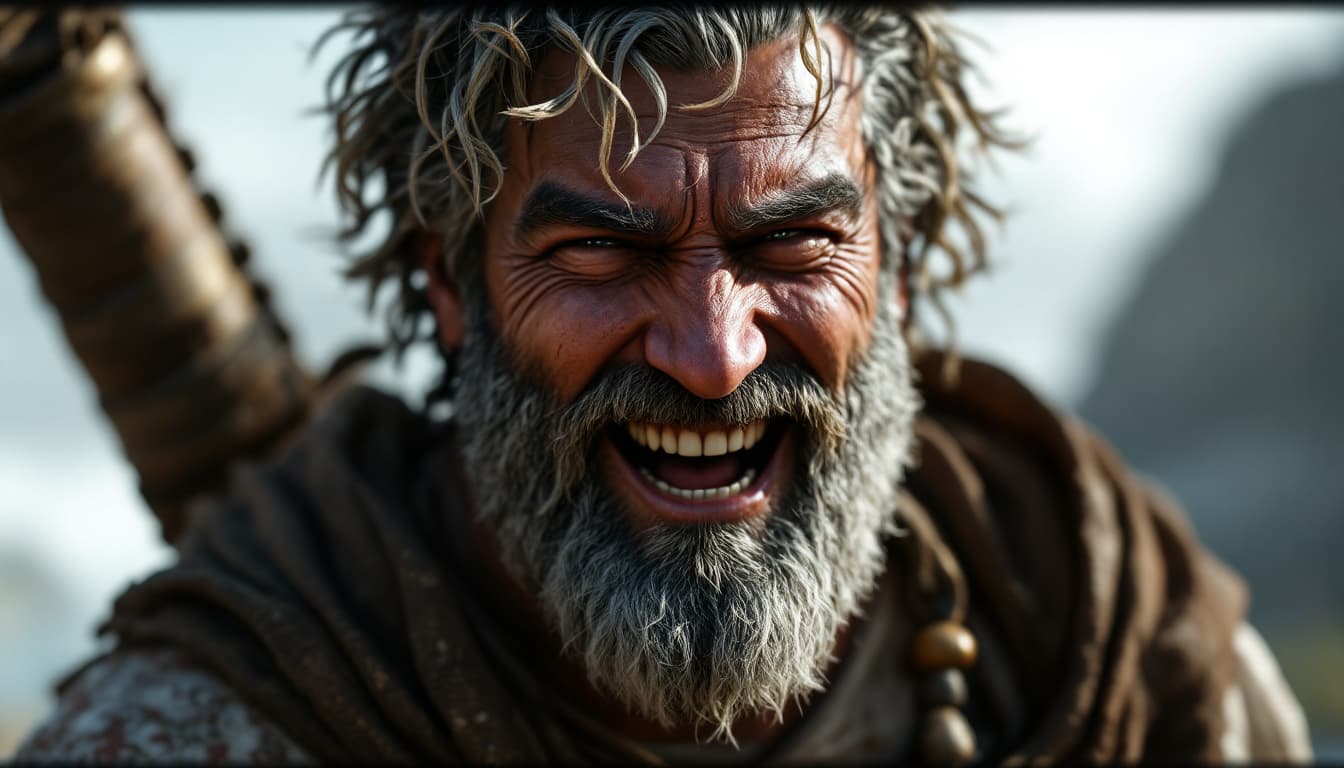 AI generated: Ancient Greek Odysseus as DayZ survivor, close up, no background, laughing