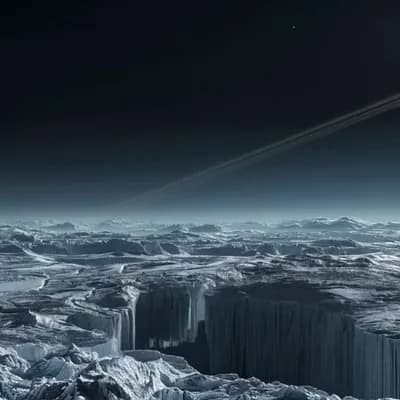 AI generated video: Wide angle view, camera moves across icy planet then slows and stops above the surface