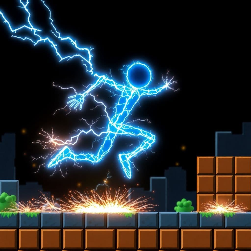 AI generated: “realistic electric stick-man made of blue-white sparks, arcing electricity forming the limbs and jo...
