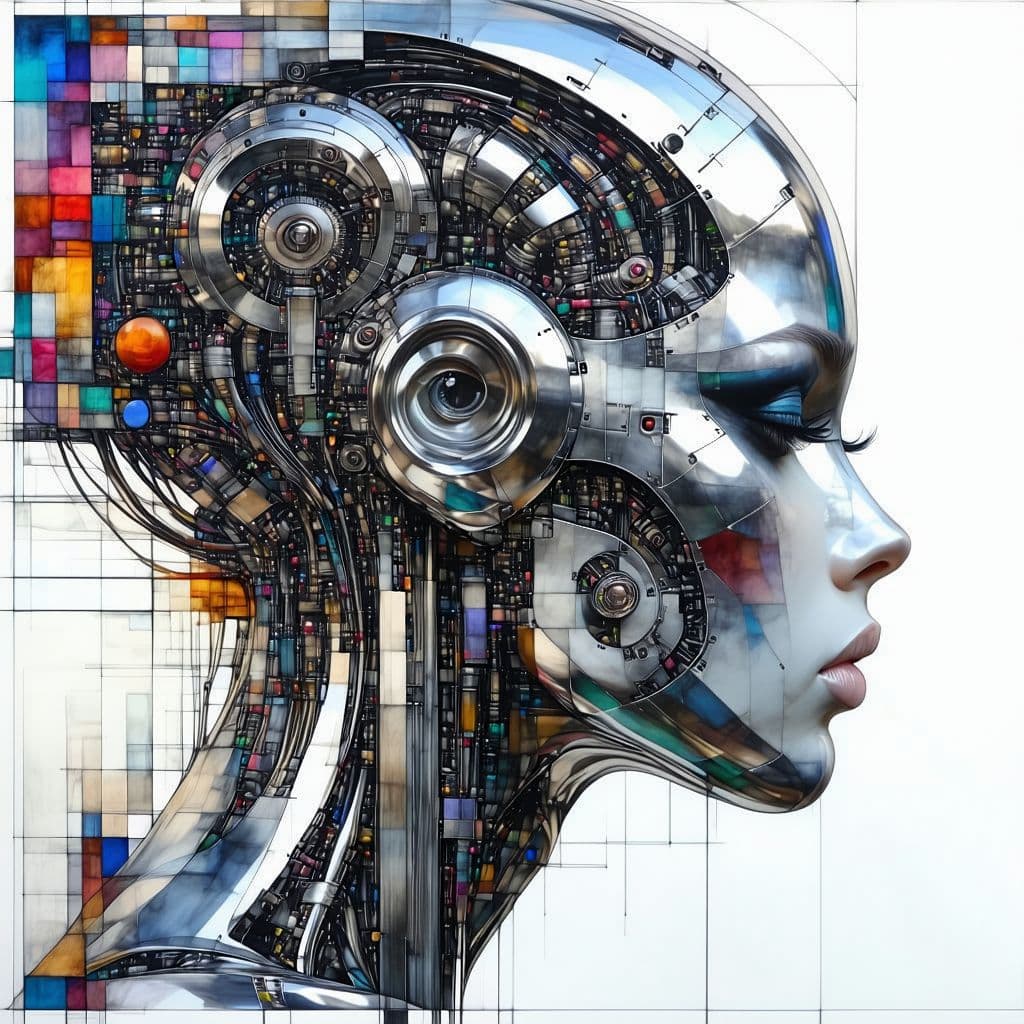 AI generated: A captivating ballpoint pen drawing featuring a woman seamlessly merging with a chrome engine in a s...