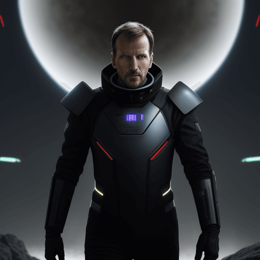 AI generated: sci-fi bild, muskelöser freundlicher mann, schielent, glatze, schwarzer vollbart, 8k