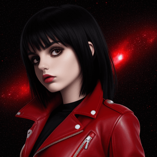 AI generated: emo girl in red leather jacket with black trim. red galaxy background.