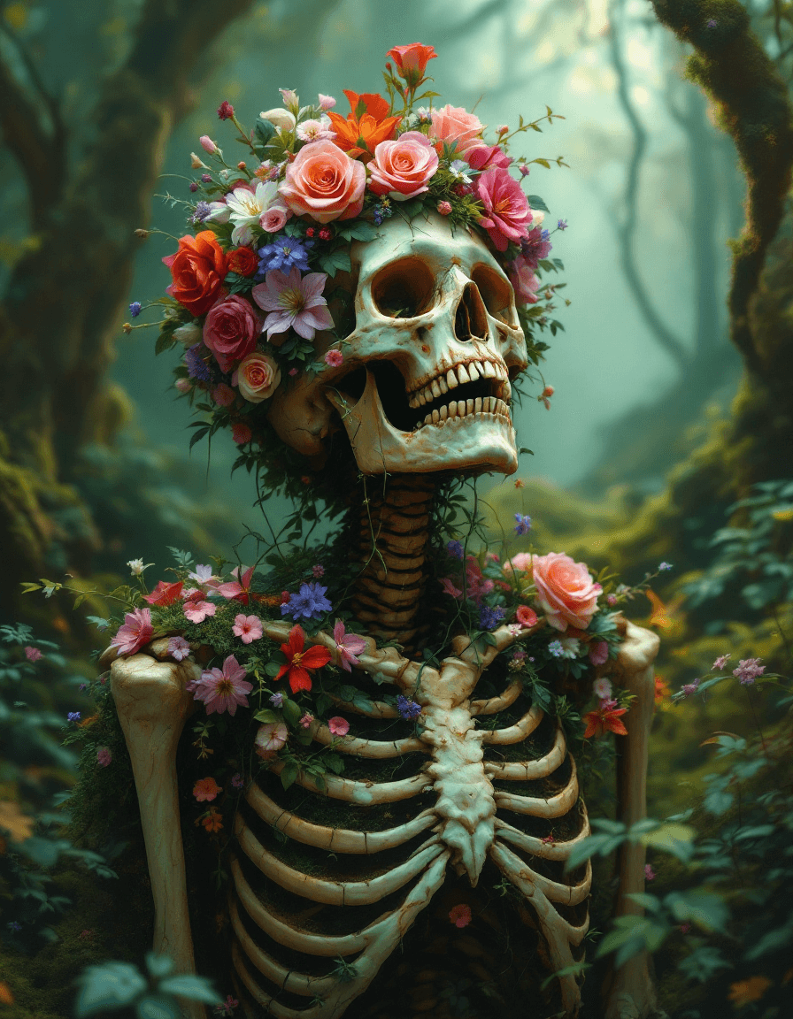 AI generated: A decayed skeleton enshrined in a surreal forest, its skull crowned with a blooming halo of vibrant ...