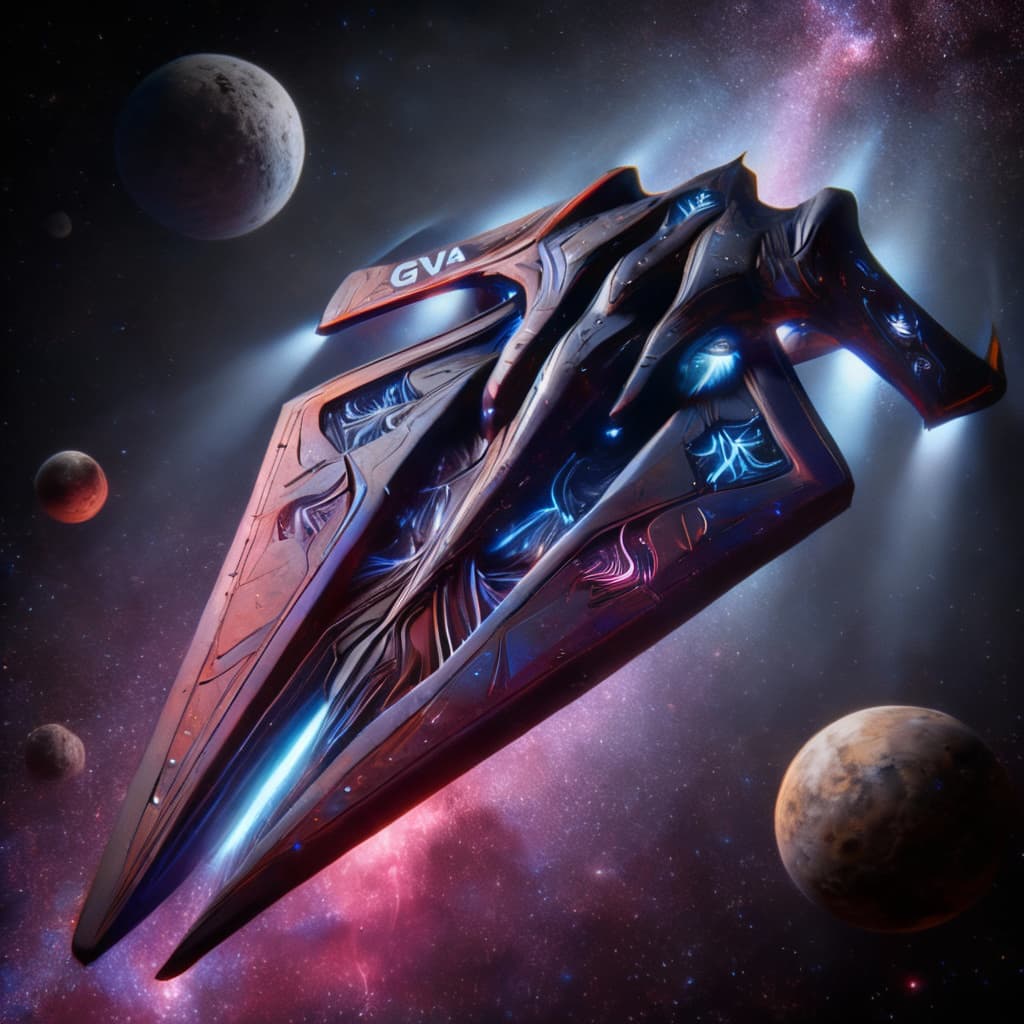 AI generated: Reimagine, in detail, the alien spaceship to show a new design. Reposition and add or change paint c...