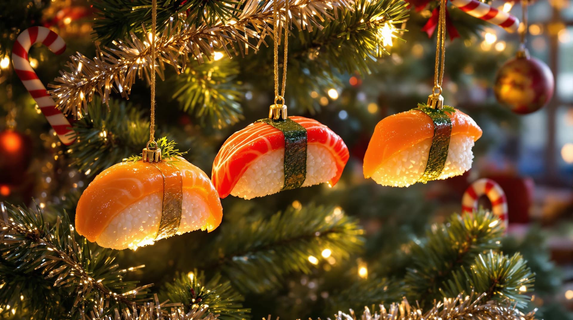 AI generated: A beautifully decorated Christmas tree in a cozy, festive setting, with three colorful pieces of sus...