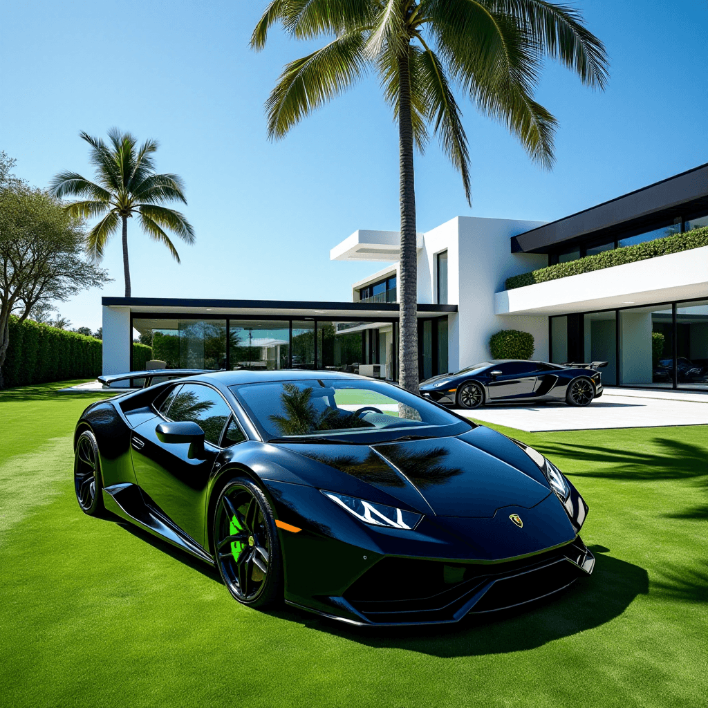 AI generated: [A modern luxury estate under a clear blue sky with two sleek black Lamborghini supercars parked in ...