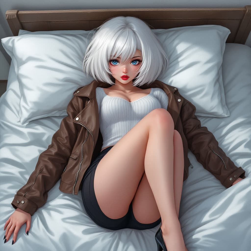 AI generated: anime, woman, white hair, bob cut, blue eyes, freckles, red lips, white sweater, tight sweater, shor...