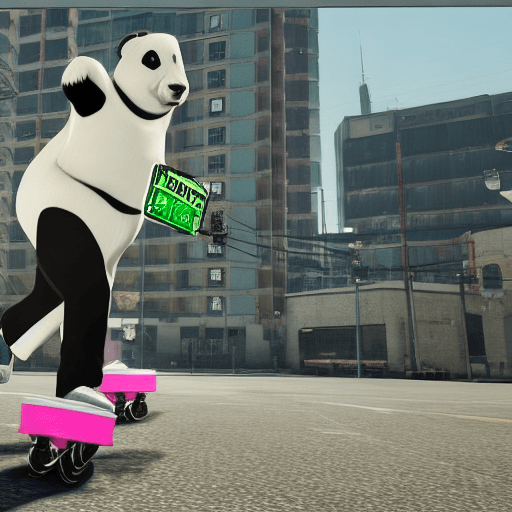 AI generated: in the style of gta v, a black and white panda wearing: a black bowler hat, a tartan bow tie, pink r...