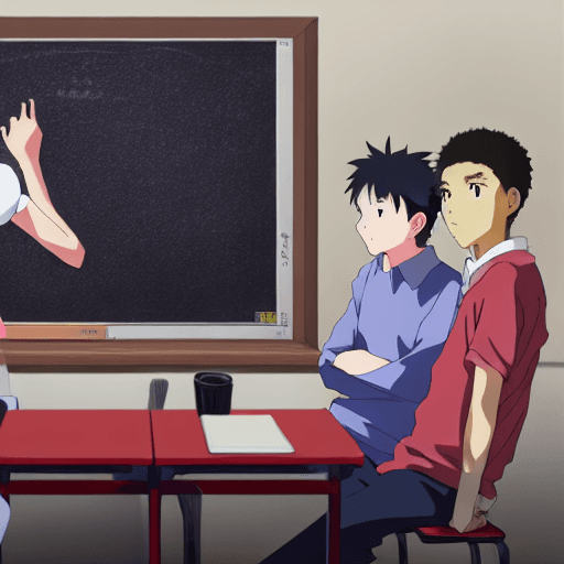 AI generated: 
high definition anime portrait of 2 college students explaining in a classroom to 13 year olds look...