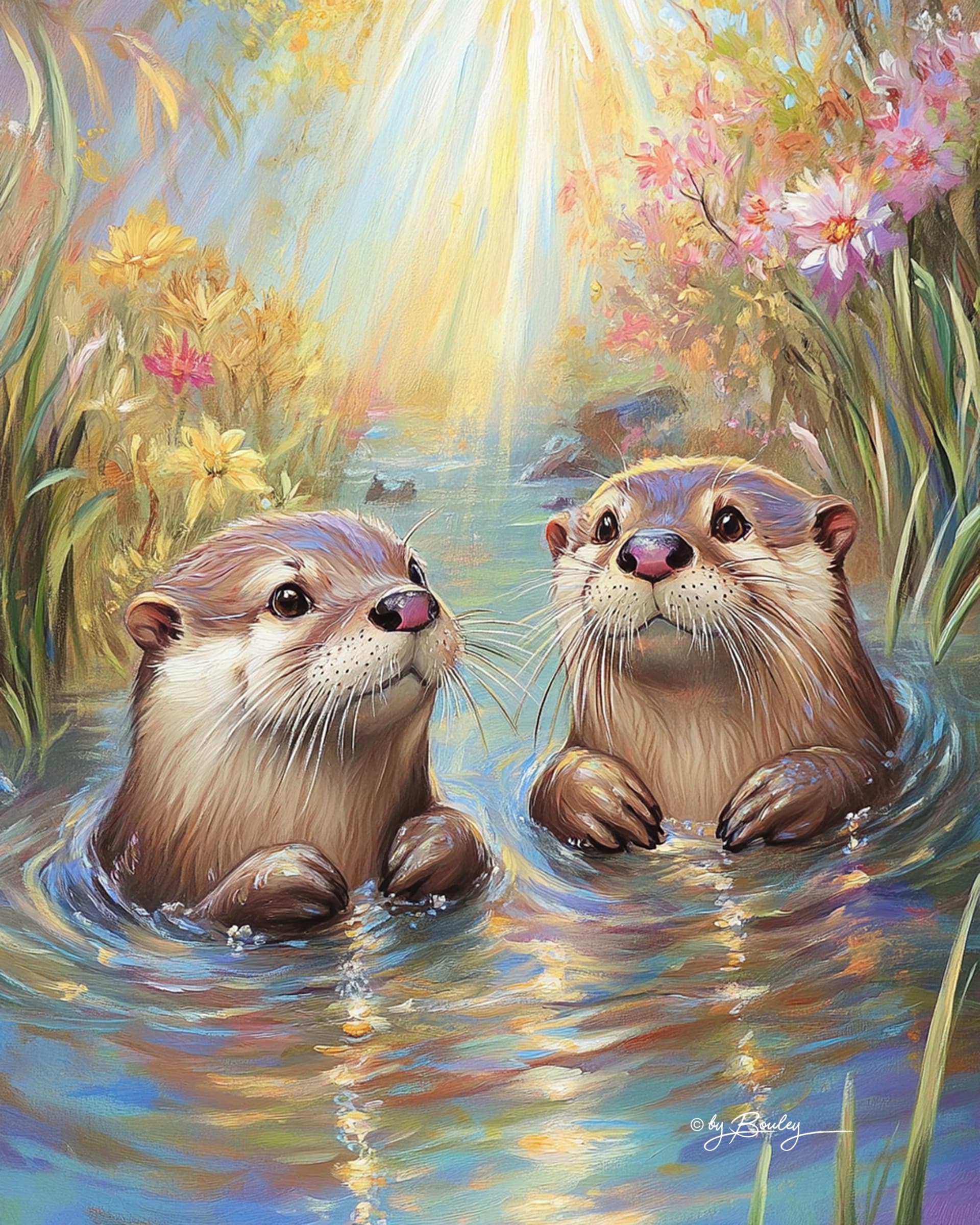 AI generated: two cute otters swimming in a river. detailed oil painting showing the two otters interacting playfu...