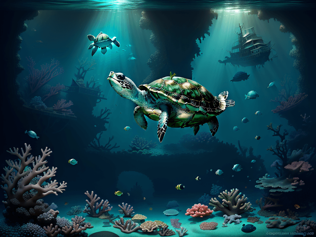 AI generated: a deeper dreamy old little boat wreck, baby green turtle floating and looking at us, corals, sponges...