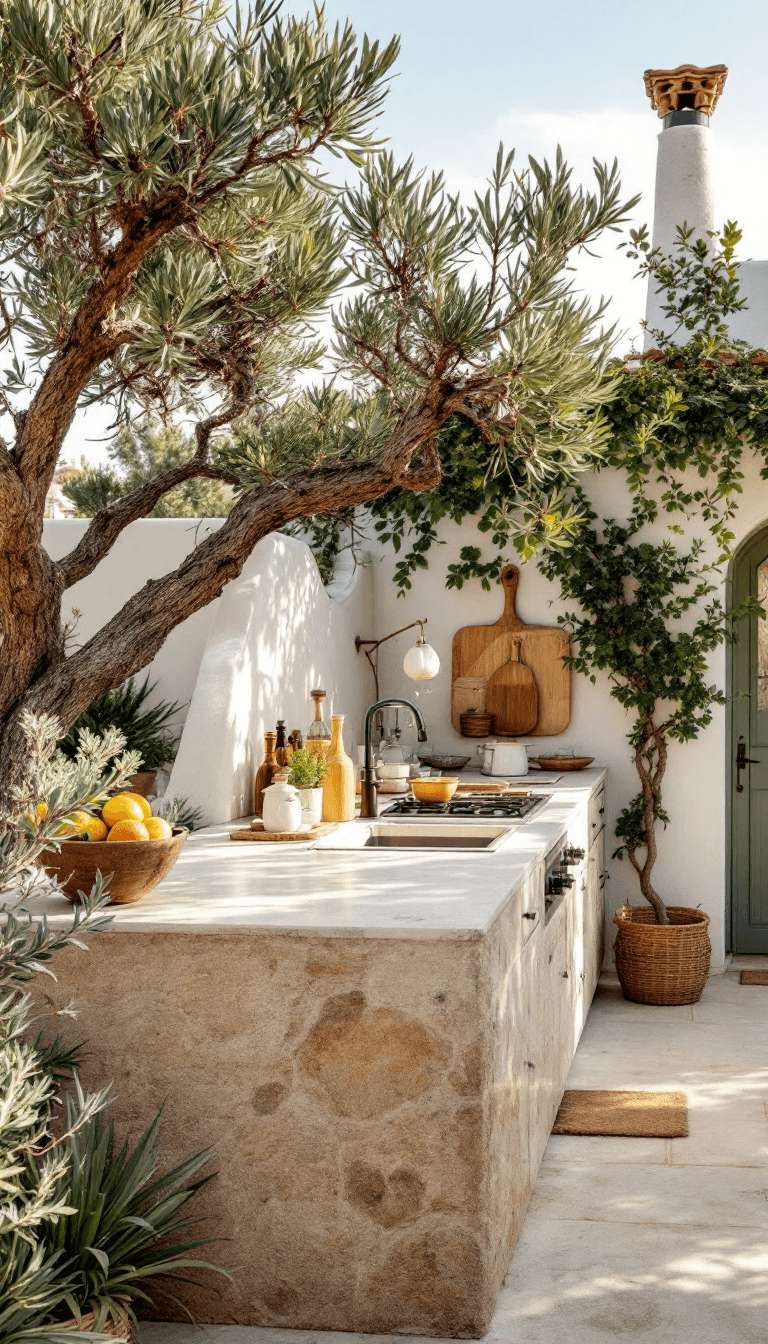 AI generated: photo of a gorgeous sunlit outdoor kitchen in Ibiza style, Spanish finca, Ibiza, big olive tree, sum...