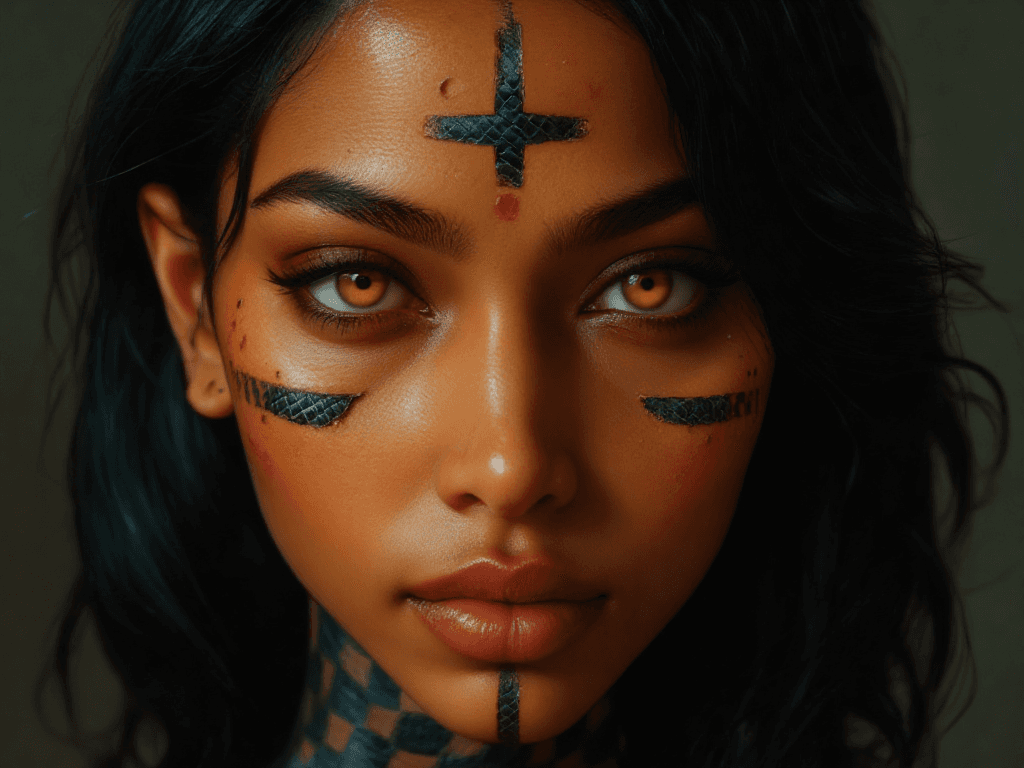 AI generated: "Carbon Beneath the Divine":1.45), cinematic portrait of a beautiful Indian woman with warm umber sk...