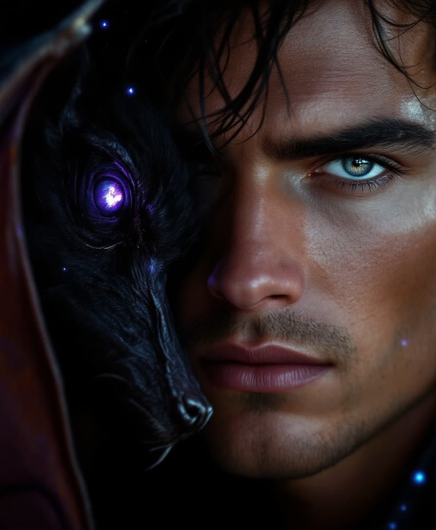 AI generated: "A highly detailed, ultra-realistic close-up portrait of a mysterious, clean-shaven male and his sha...