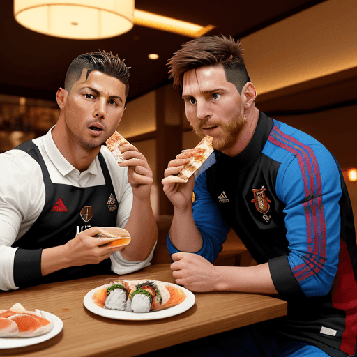 AI generated: Ronaldo and messi eating Sushi Realismus in a resturand with a Beer and Pizza and with portugal with...