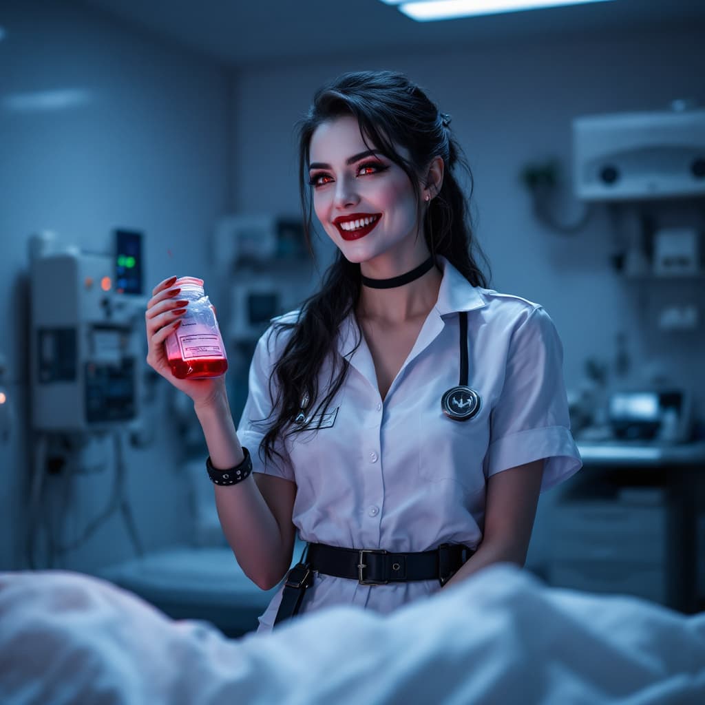 AI generated: female vampire working as a modern nurse in a sleek, professional clinic. She wears a stylish yet pr...