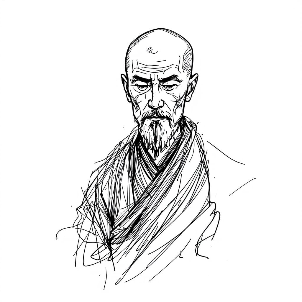 AI generated: artistic sketch, Chinese monk in a robe, front view, no beard, abstract minimalist line art illustra...