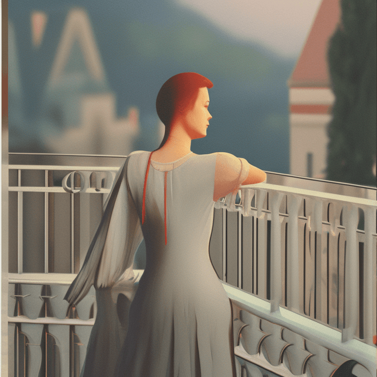 AI generated: mdjrny-v4 style photograph of a woman, standing on a balcony, stunning environment, ultra realistic,...