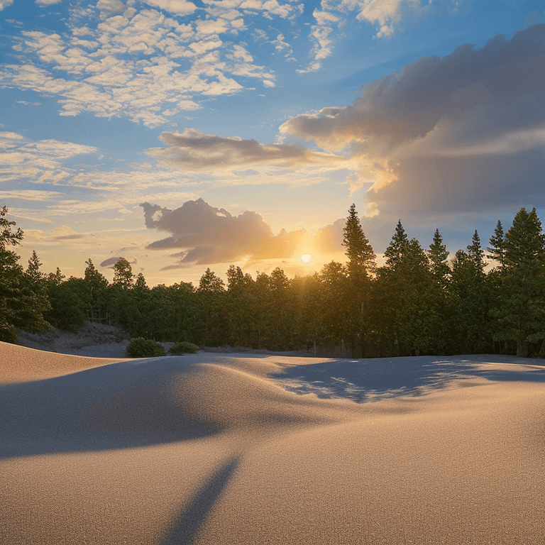 AI generated: photorealistic oil on canvas,
sparse clouds in a sky, 
granite, sandy beach, trees, 
beautiful setti...