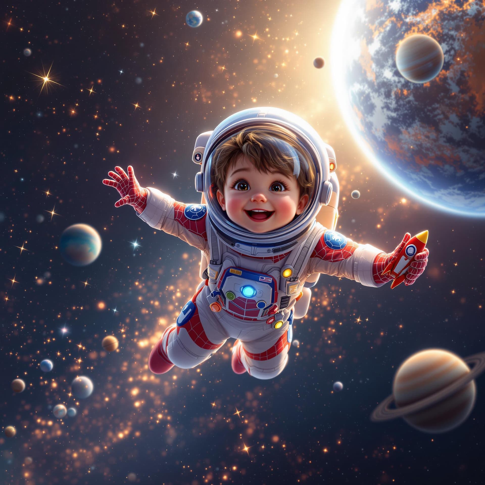 AI generated: "Create a highly realistic digital illustration of a 3-4-year-old child exploring space in a detaile...
