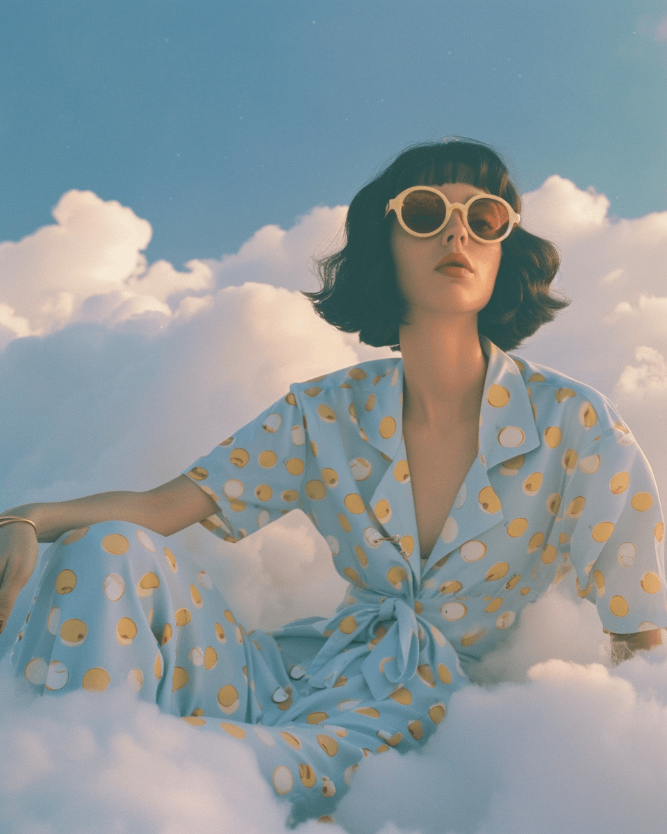 AI generated: A photo of an eccentric woman sitting on top of white fluffy clouds wearing big sunglasses and light...
